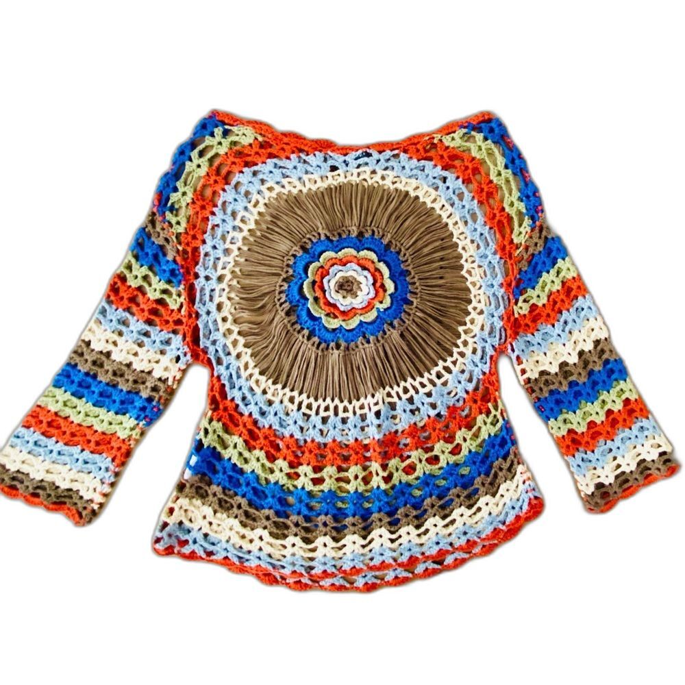 Atmosphere Boho Crochet Long Sleeve Hippie Earthy Top Womens Size S/M ☮️✌️